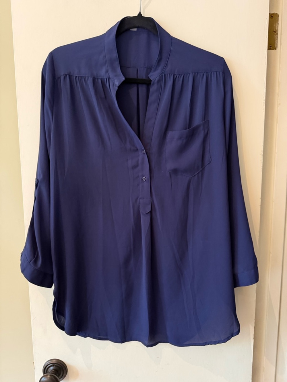 Capsule Wardrobe Classic and Elegant Navy Split-Neck Blouse